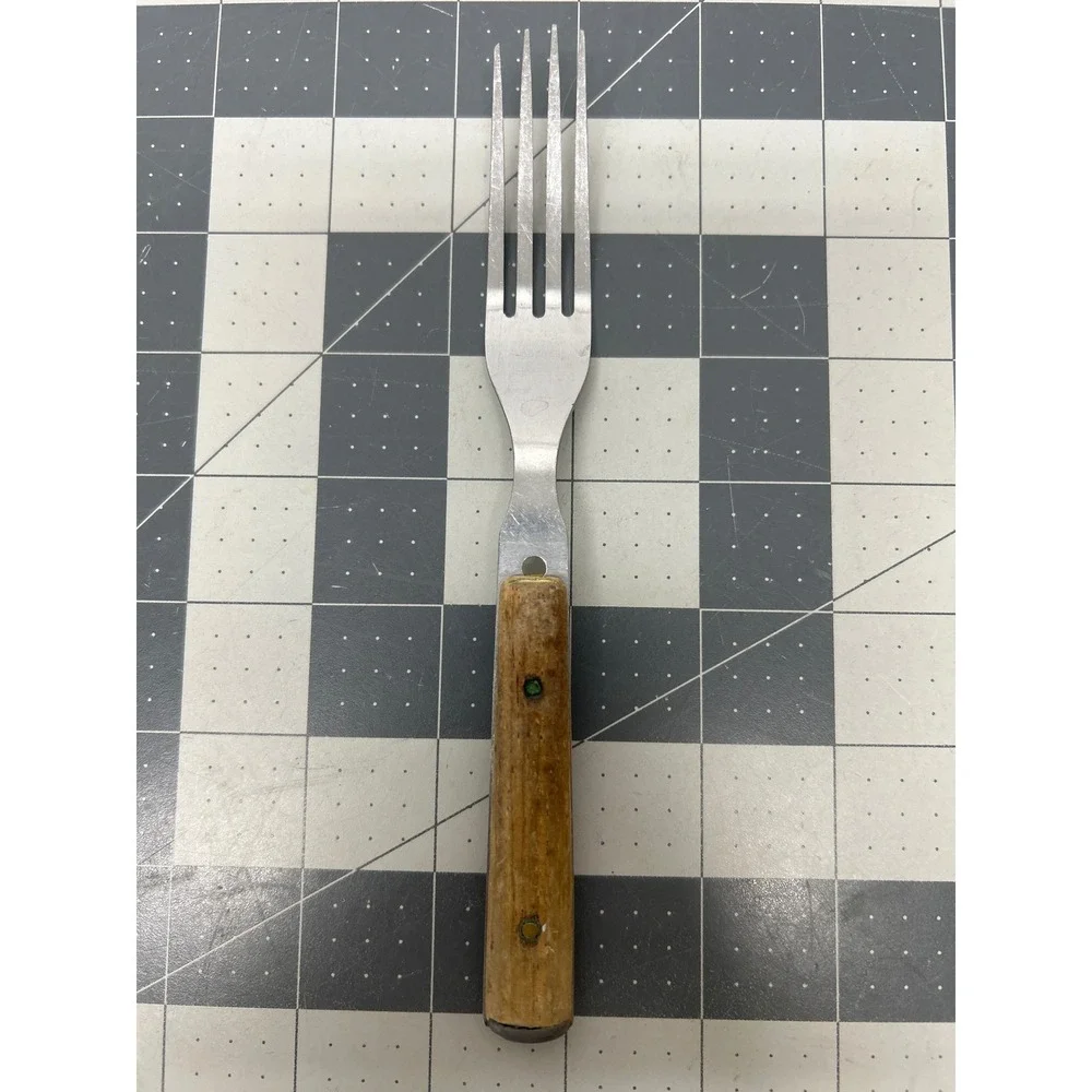 Vintage‎ Dinner Fork Brown Wood Handle Stainless Steel Riveted Graduated Tines
